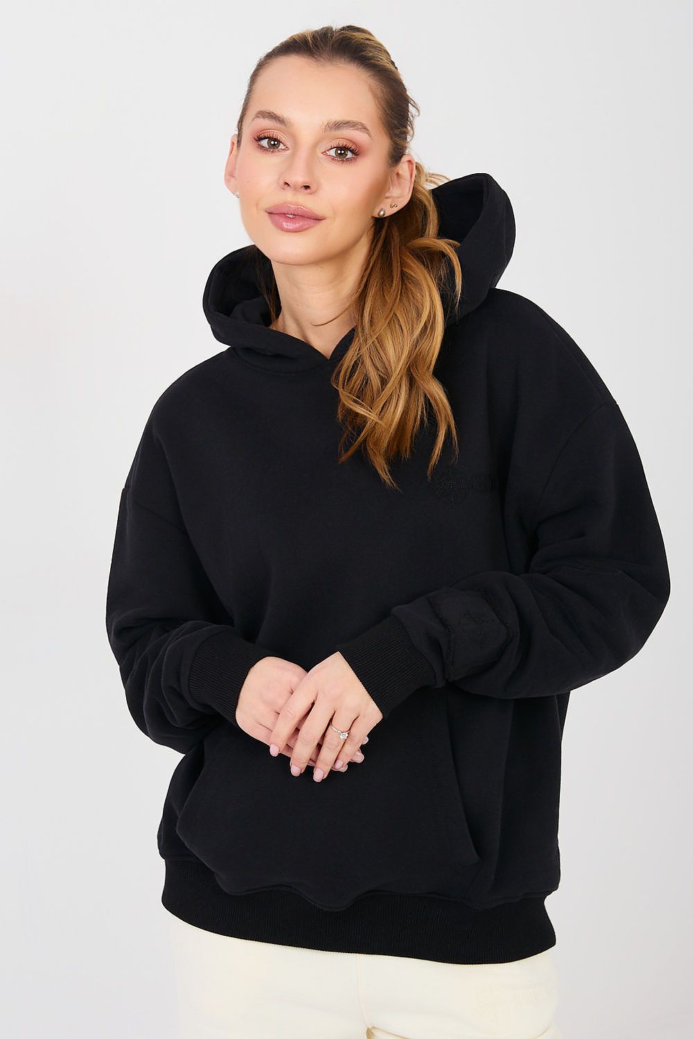 Women's hoodie black kangaroo pocket front view