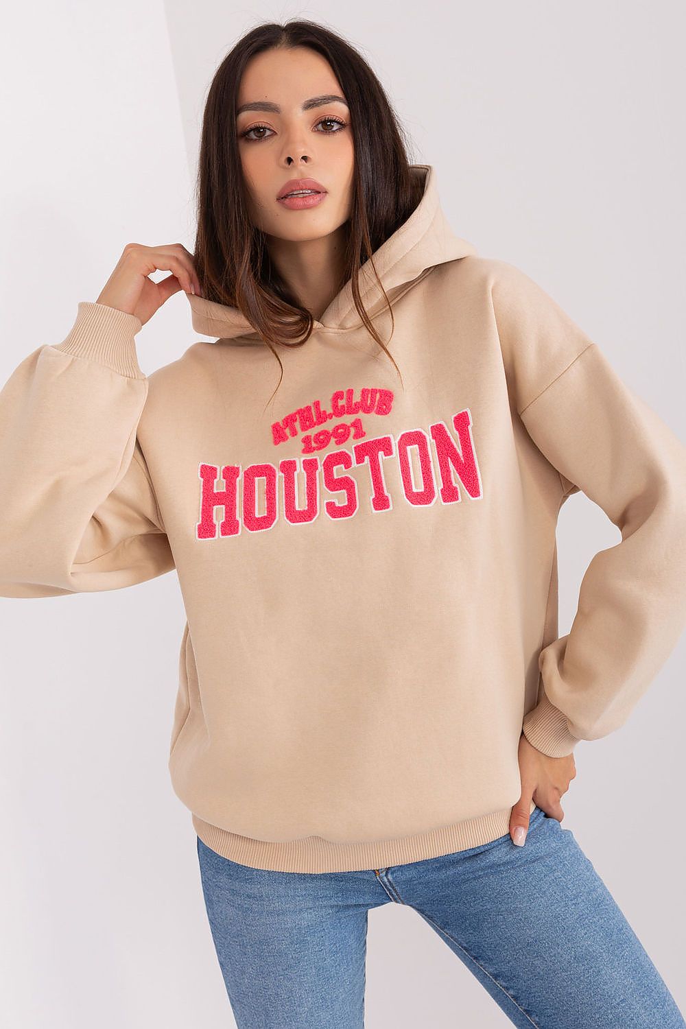 Women's hoodie beige front inscription styled view