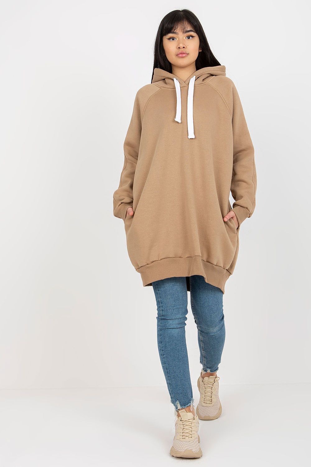 Women's hoodie beige longline drawstring hood front view