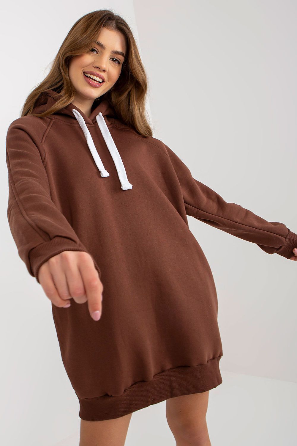 Women's hoodie brown longline drawstring hood front view