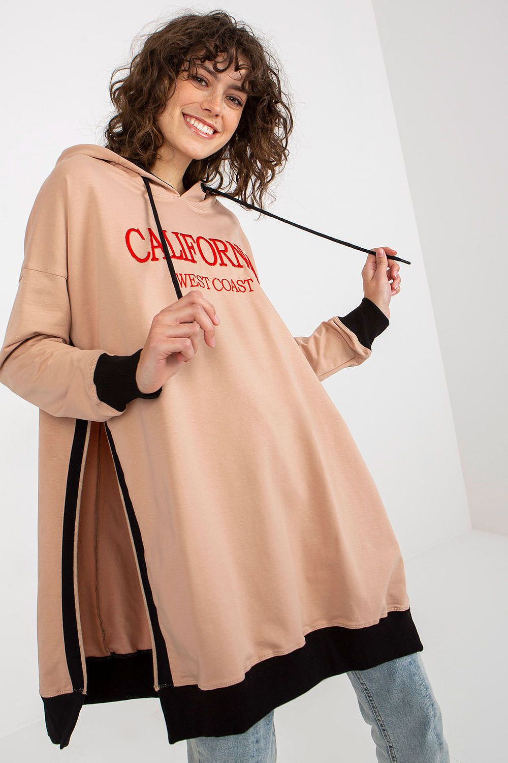 Women's Hoodie Longline Side Slits Logo Patch Drawstring – Hoodie | GUOCALI – view 4
