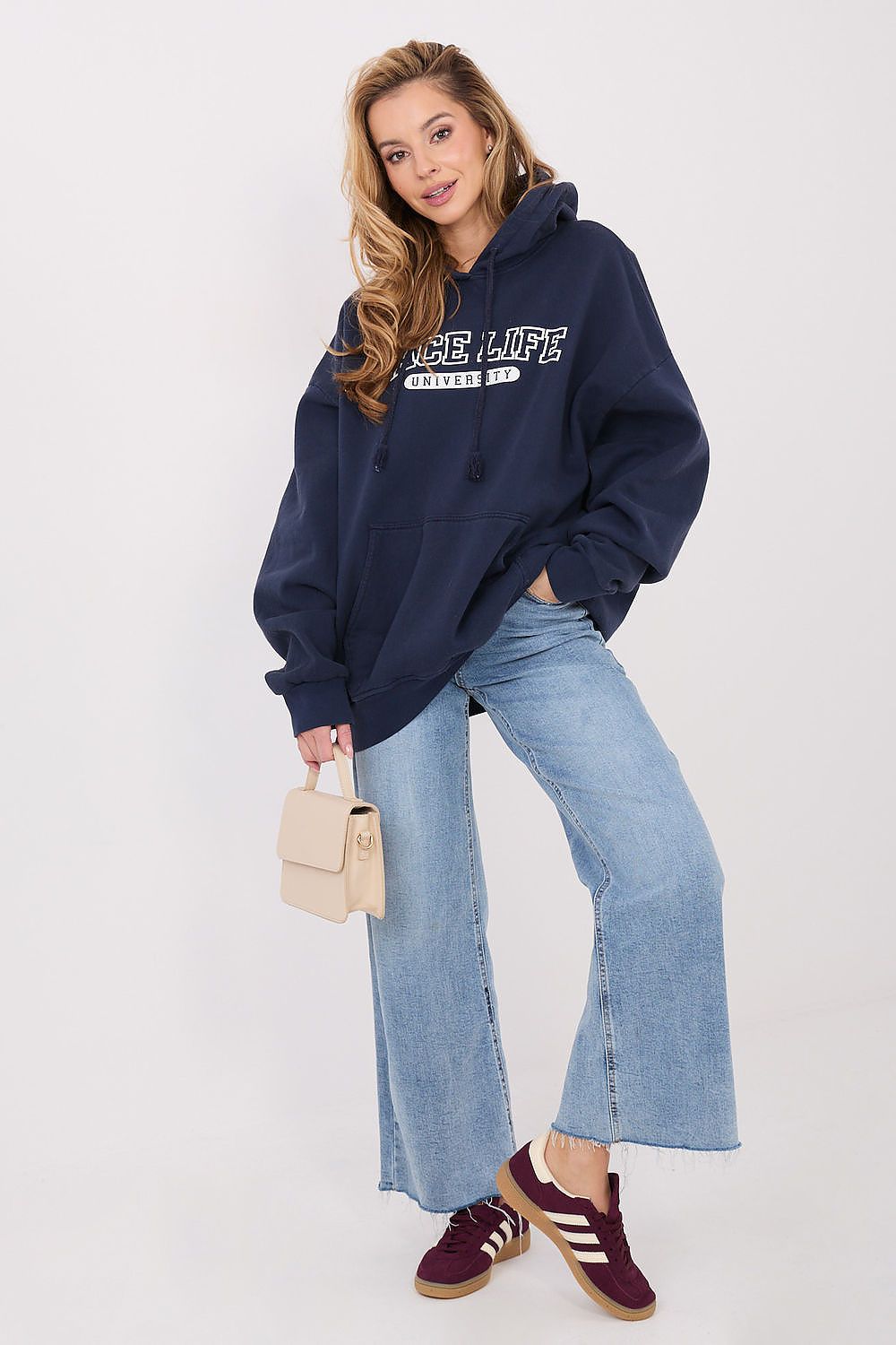 Women's hoodie navy drawstring hood side view