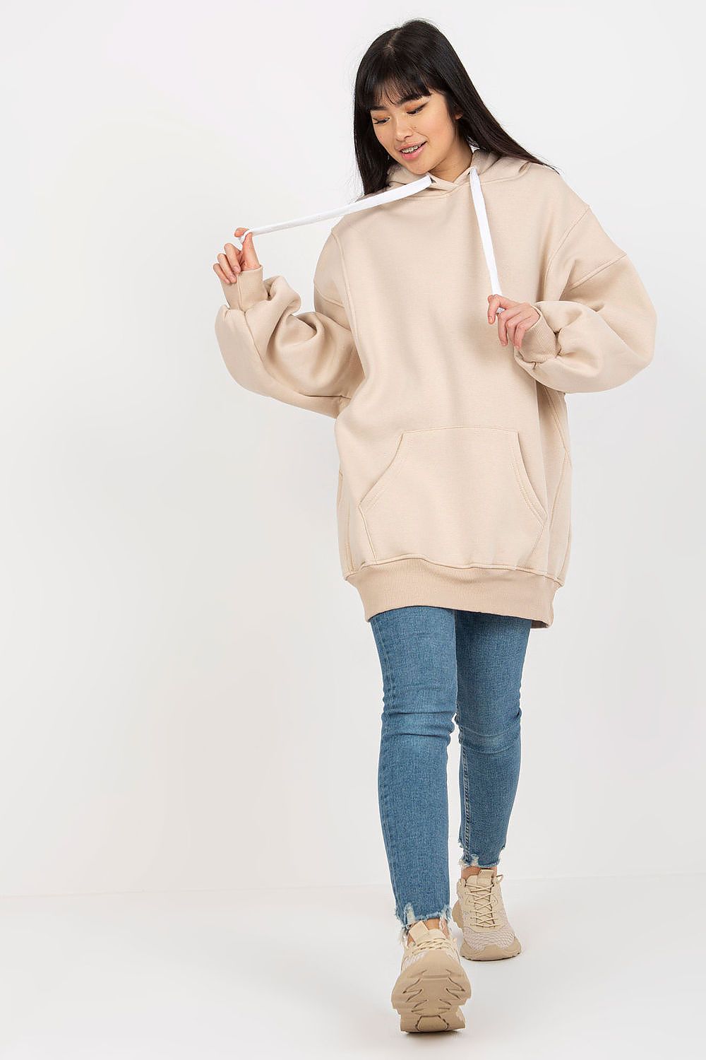 Women's hoodie beige oversized longline detail view