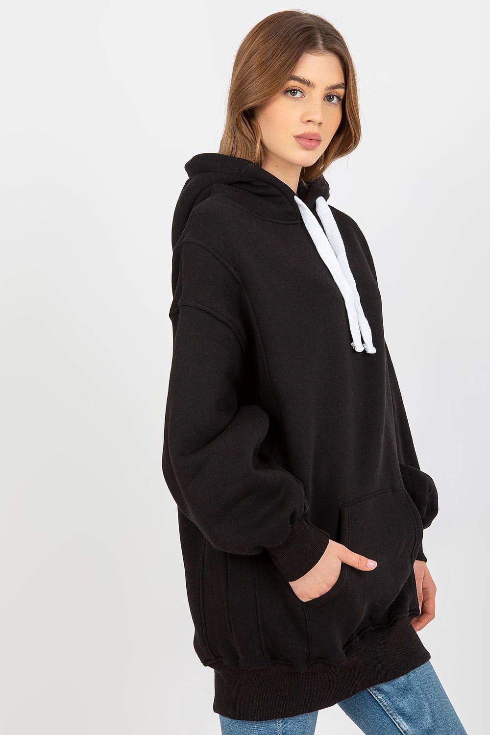 Women's hoodie black oversized longline detail view