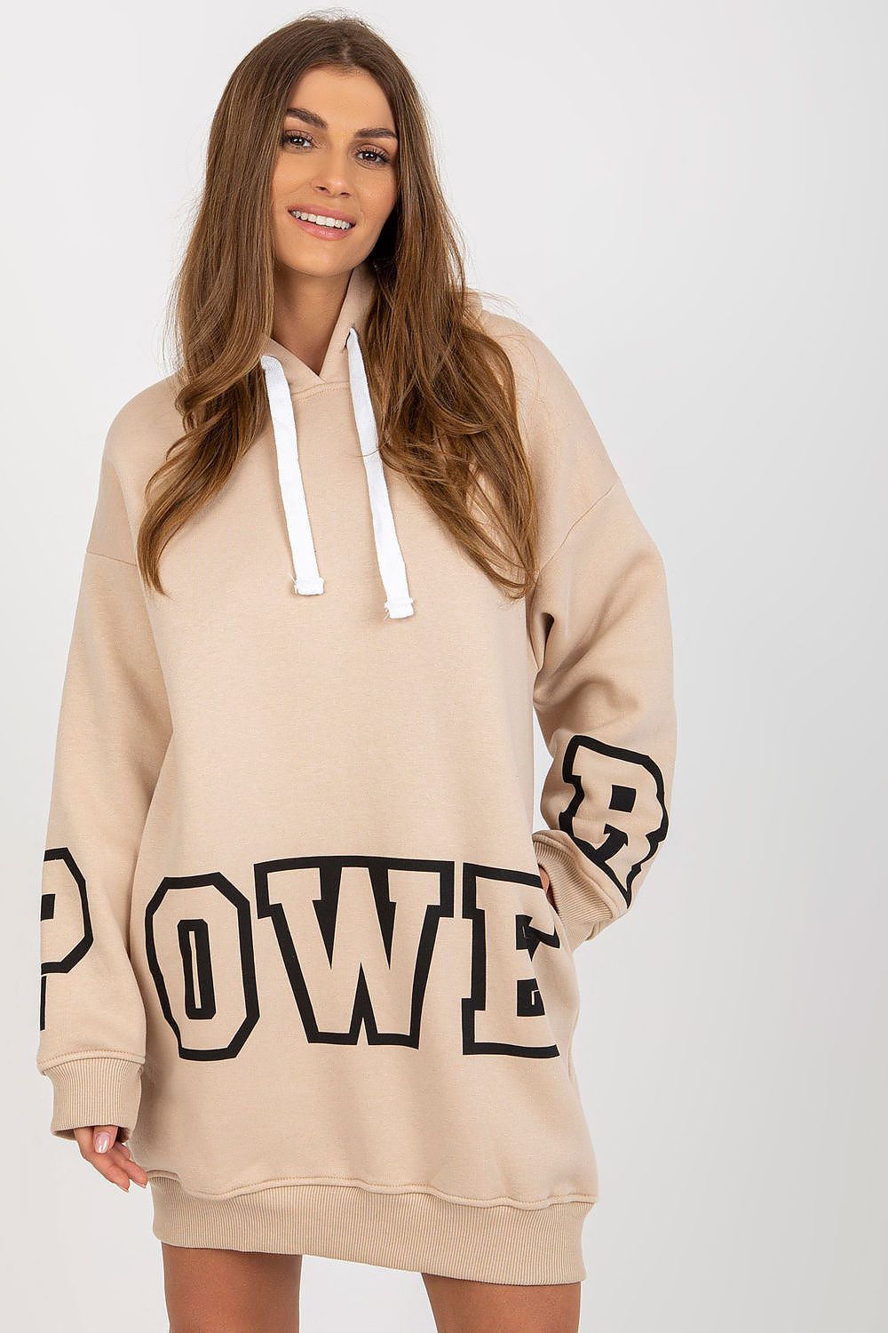 Women's Hoodie Oversized Longline Lettering Slip Pockets Beige – Hoodie | GUOCALI