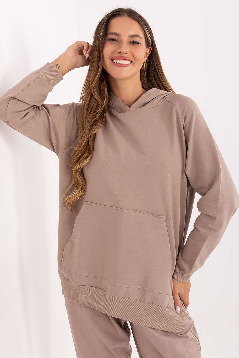 Women's hoodie beige oversized kangaroo pocket front view