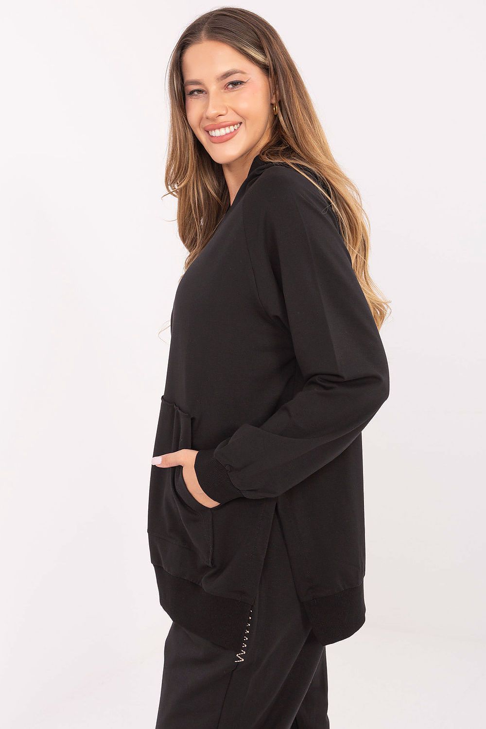 Women's hoodie black side slits alternate view