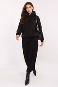 Women's hoodie black printed hood lettering front view