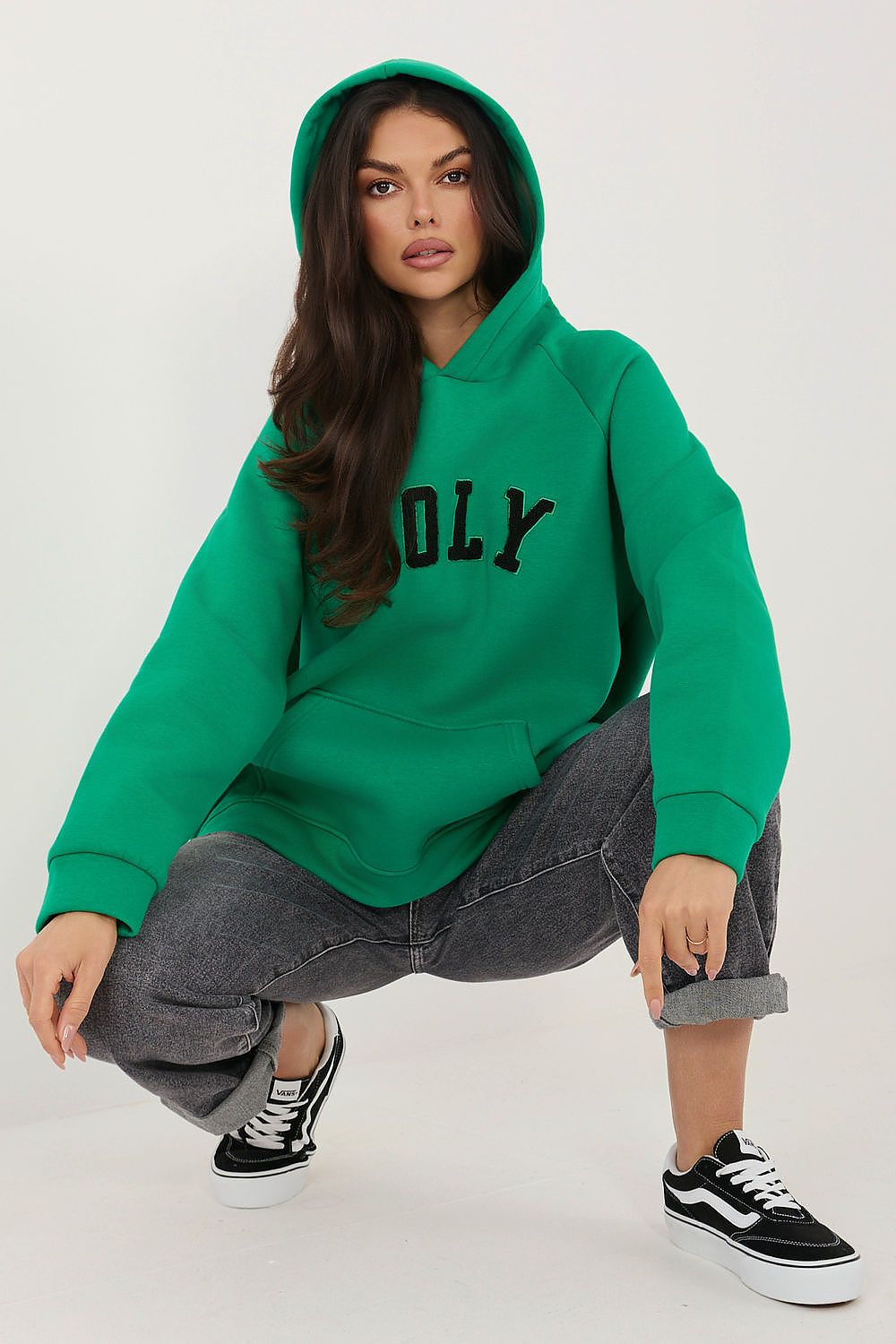 Women's hoodie green raglan sleeve front view