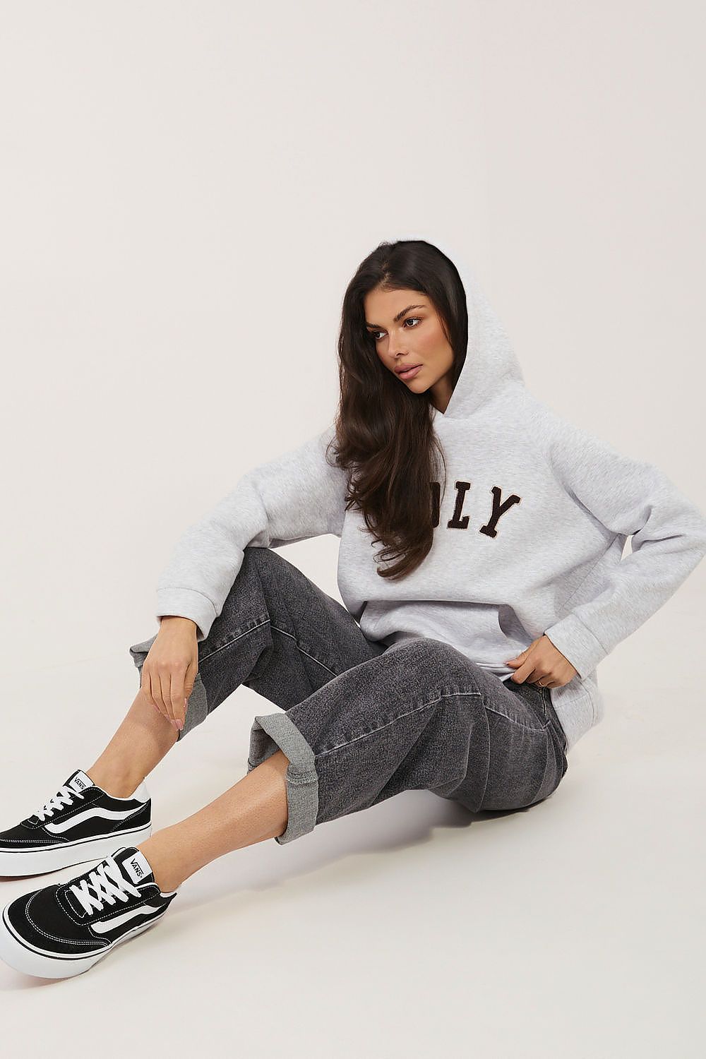 Women's hoodie grey hooded side view