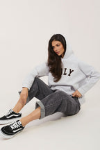 Women's hoodie grey hooded side view
