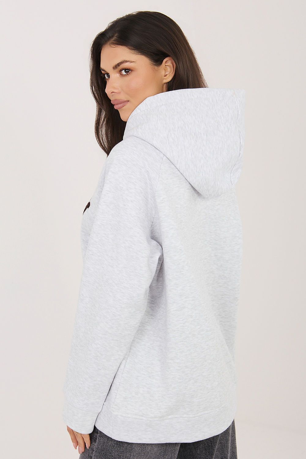 Women's hoodie grey logo detail view