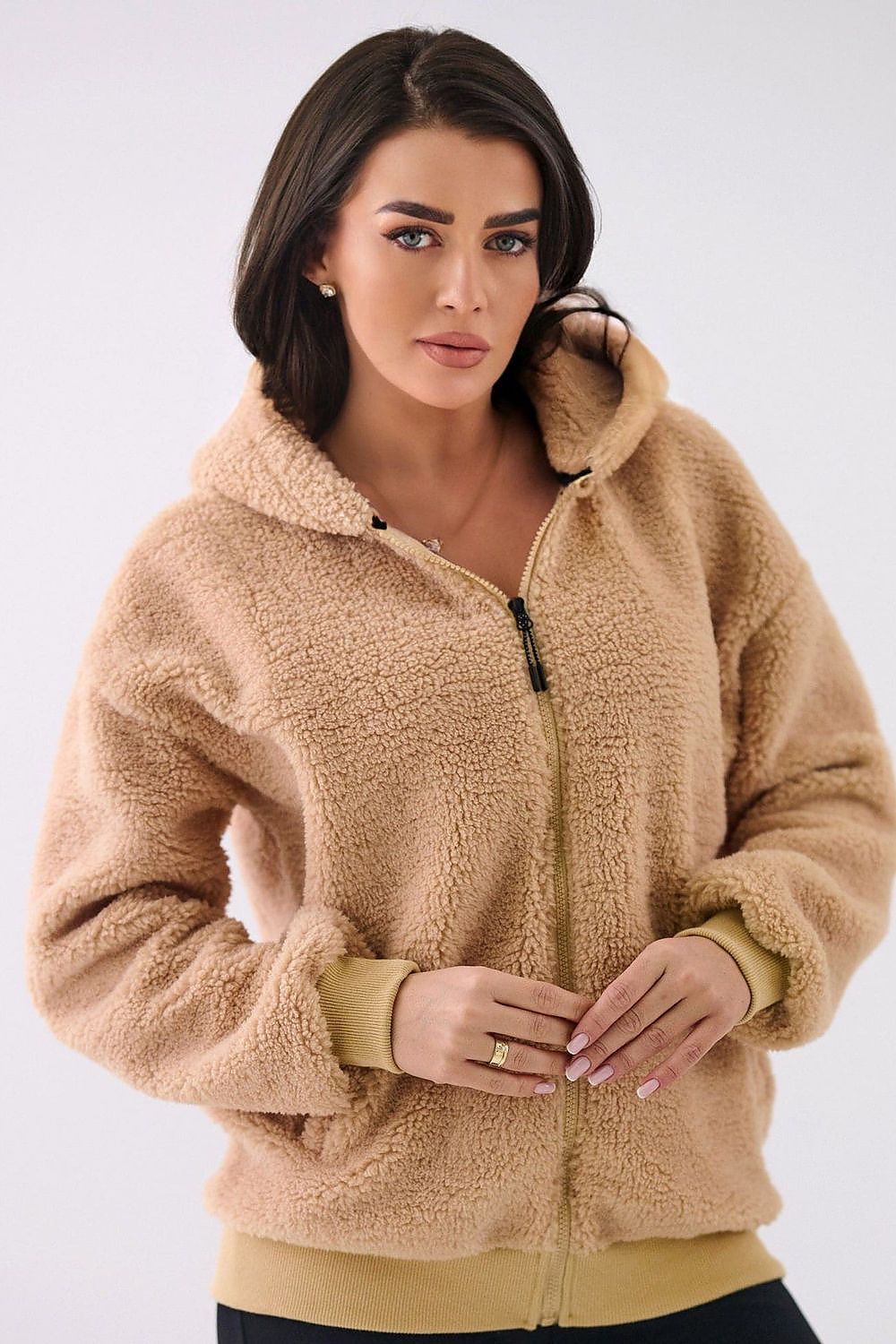 Women's hoodie beige sherpa zip-up front view