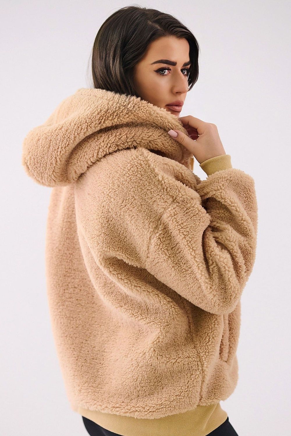 Women's hoodie beige zip-up casual view