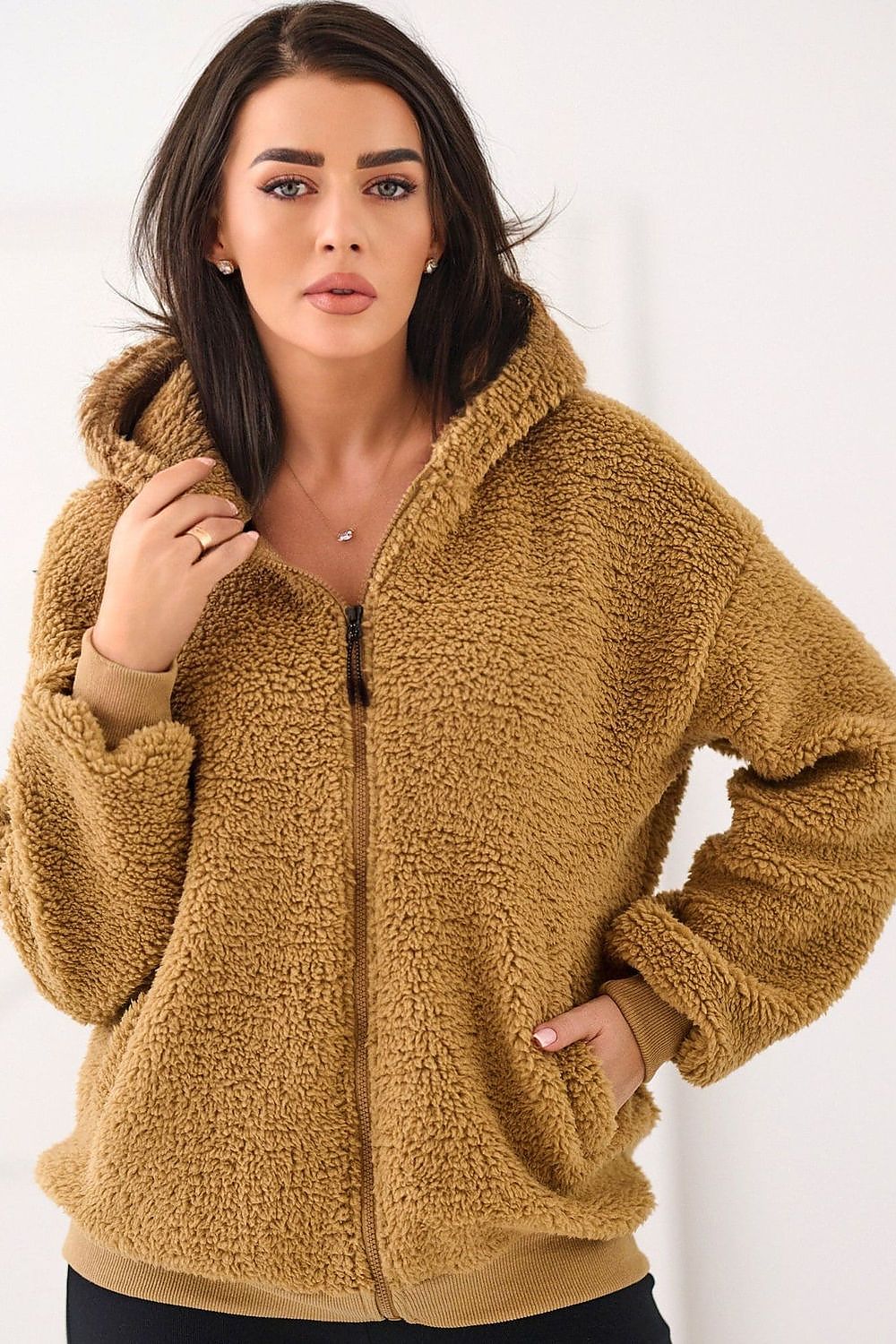 Women's hoodie brown sherpa zip-up front view