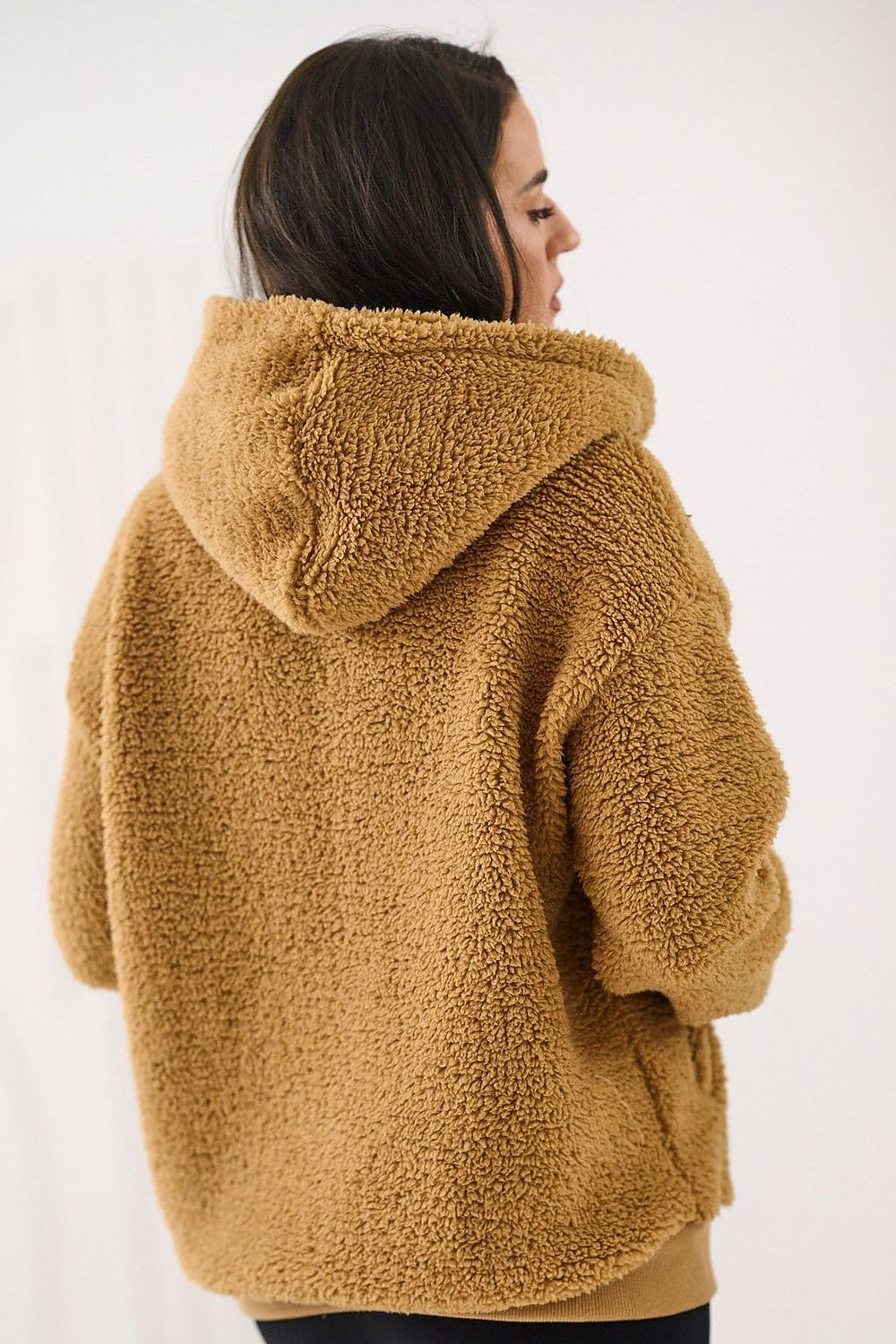 Women's hoodie brown sherpa texture detail view