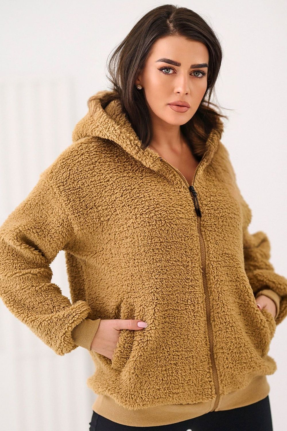 Women's hoodie brown zip-up casual view