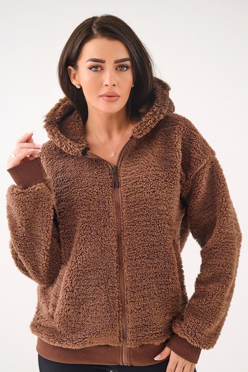 Women's hoodie brown sherpa zip-up alternate front view