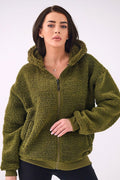 Women's hoodie green sherpa zip-up front view