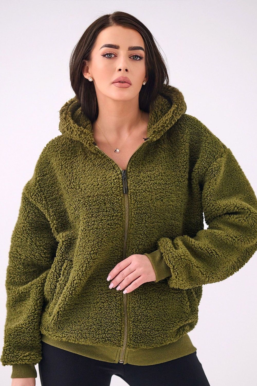 Women's hoodie green sherpa zip-up front view