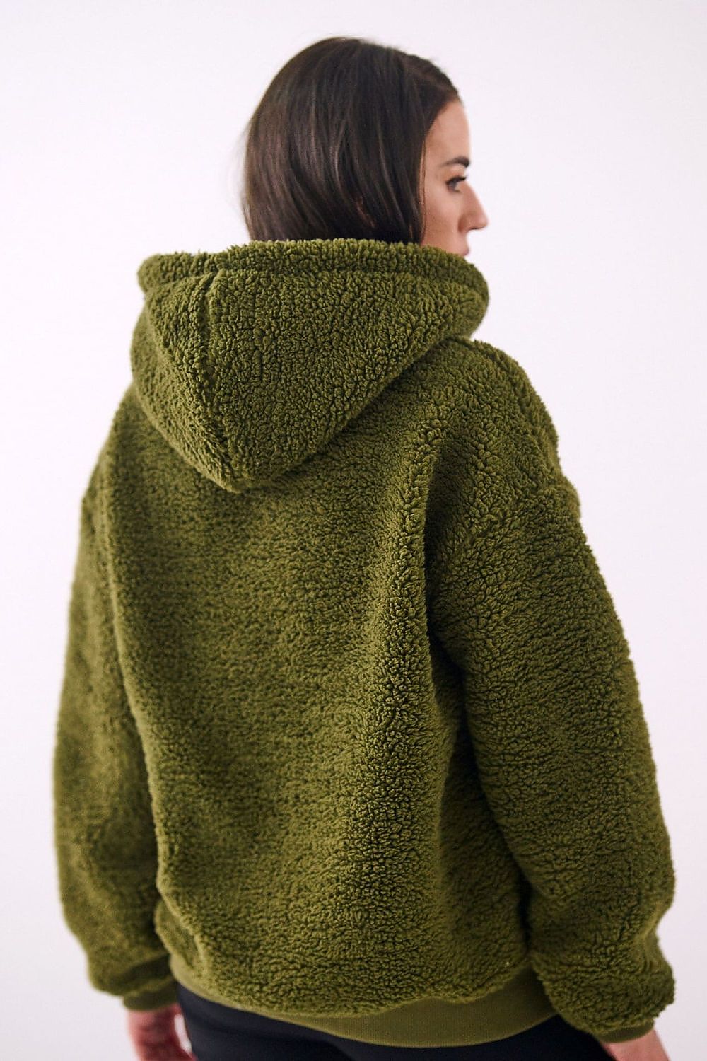 Women's hoodie green sherpa texture detail view