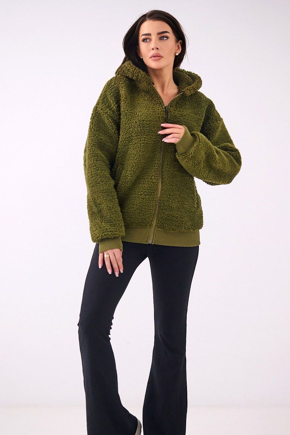 Women's hoodie green zip-up casual view