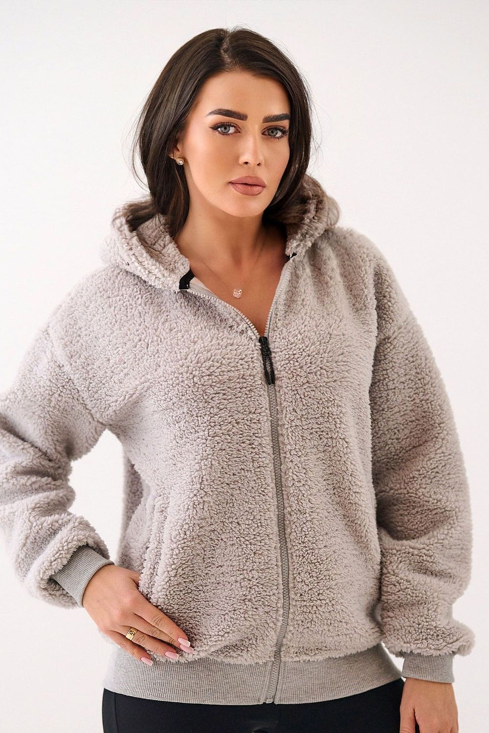 Women's hoodie grey sherpa zip-up front view