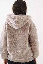 Women's hoodie grey sherpa texture detail view