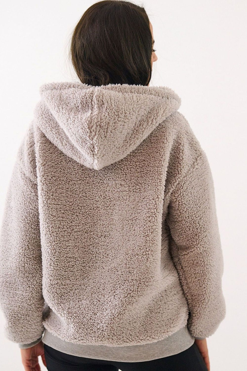 Women's hoodie grey sherpa texture detail view