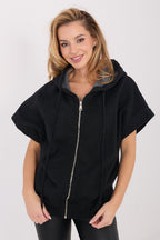 Women's hoodie black short sleeve zip-up front view