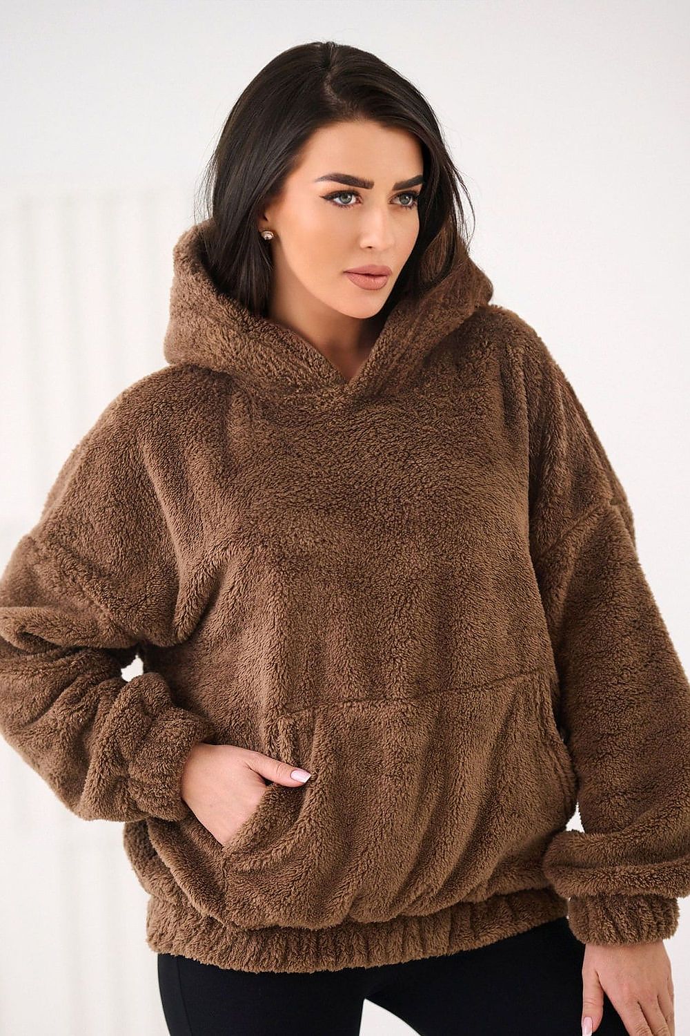 Women's hoodie beige teddy bear motif front view
