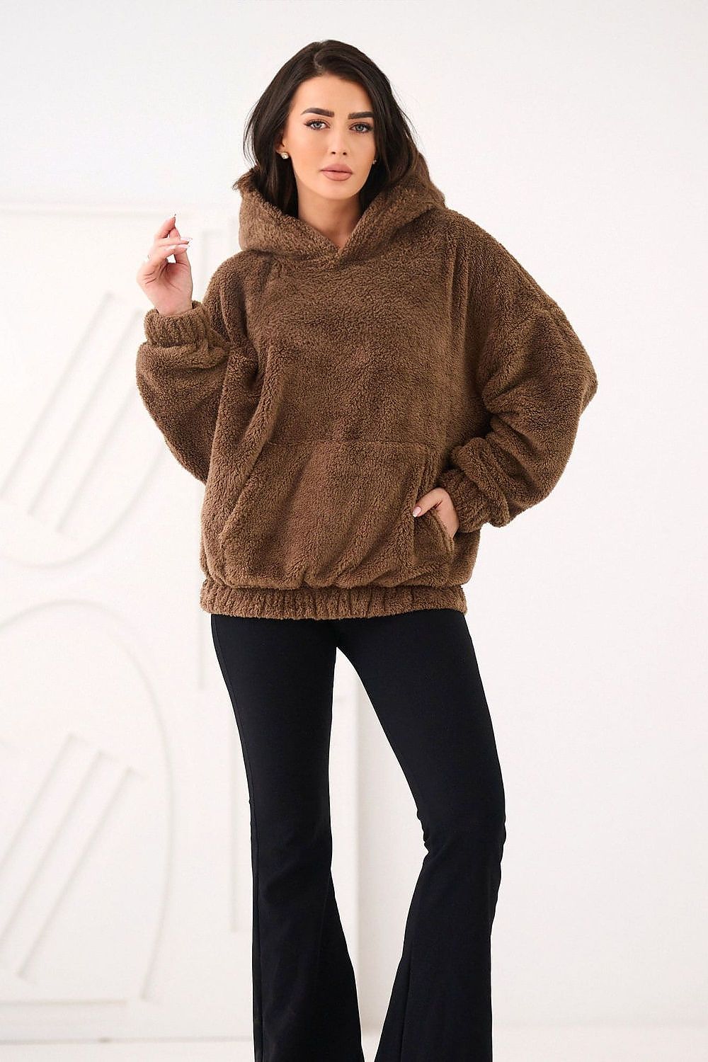 Women's hoodie beige loose fit hooded side view
