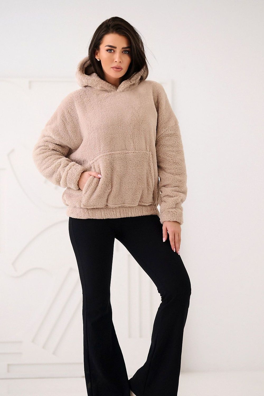 Women's hoodie beige teddy bear motif alternate front view