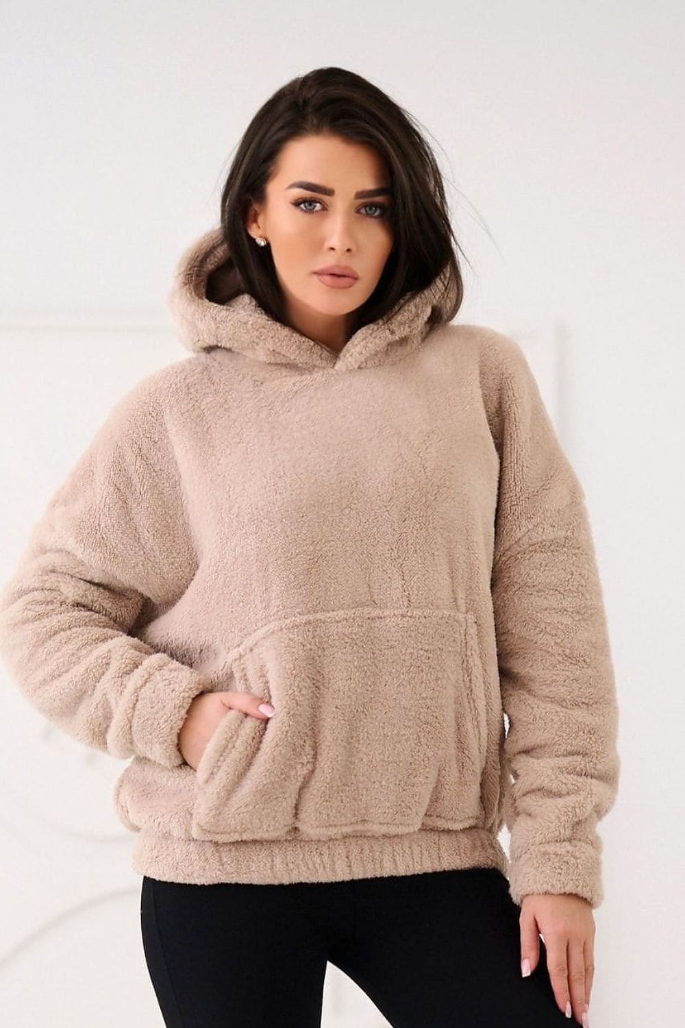 Women's hoodie beige loose fit relaxed casual view