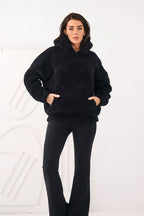 Women's hoodie black loose fit hooded side view
