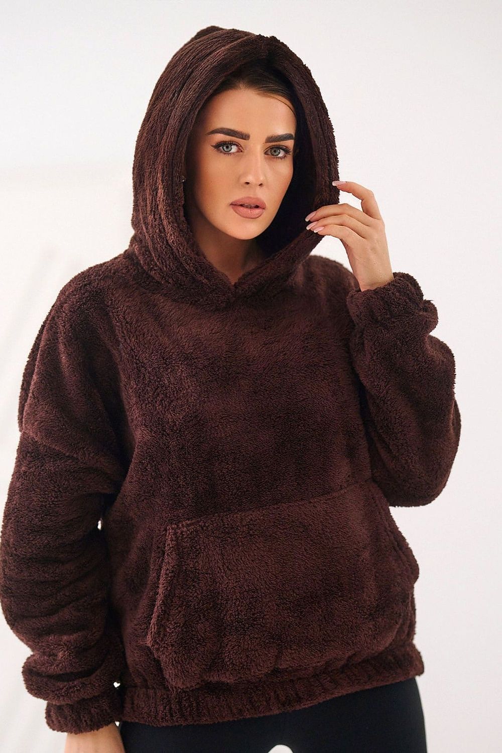 Women's hoodie brown teddy bear motif front view