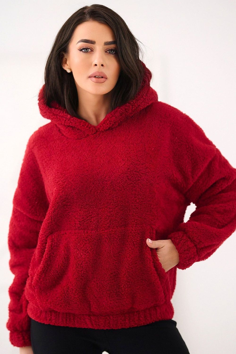 Women's hoodie red teddy bear motif front view