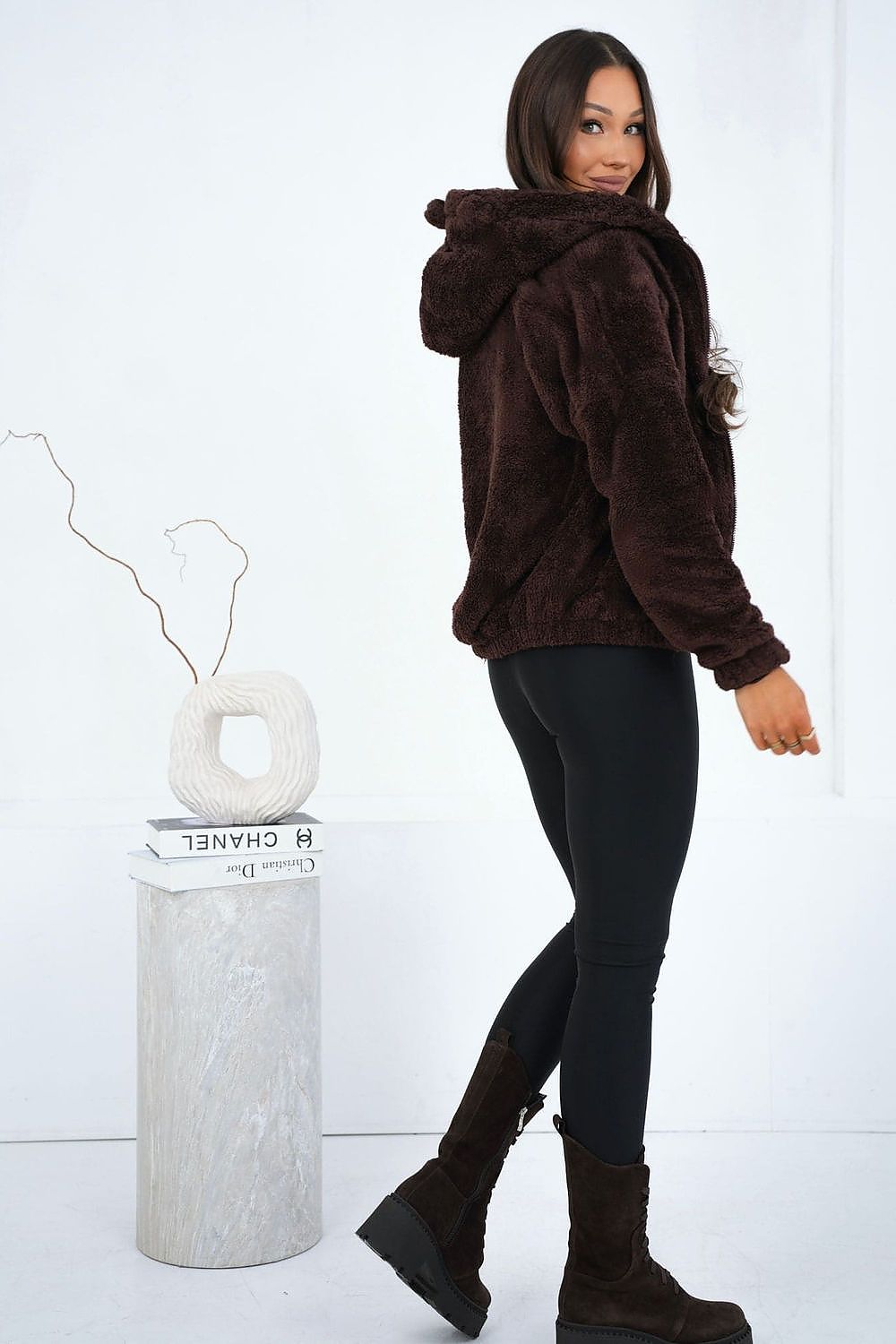 Women's hoodie brown teddy fleece casual view