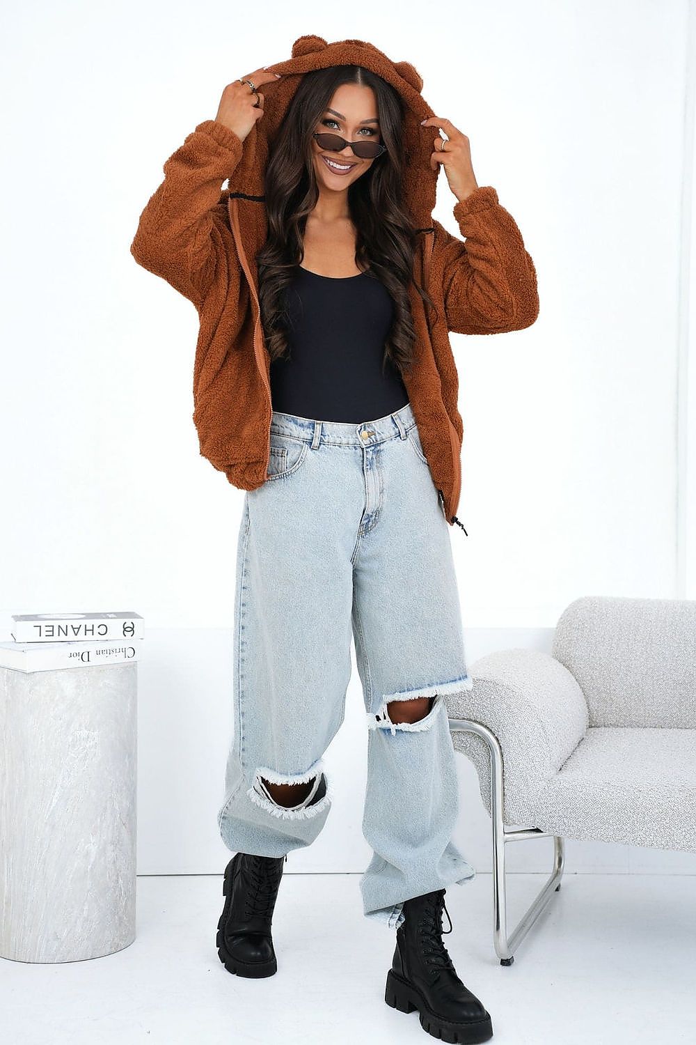 Women's hoodie brown bear ears detail view