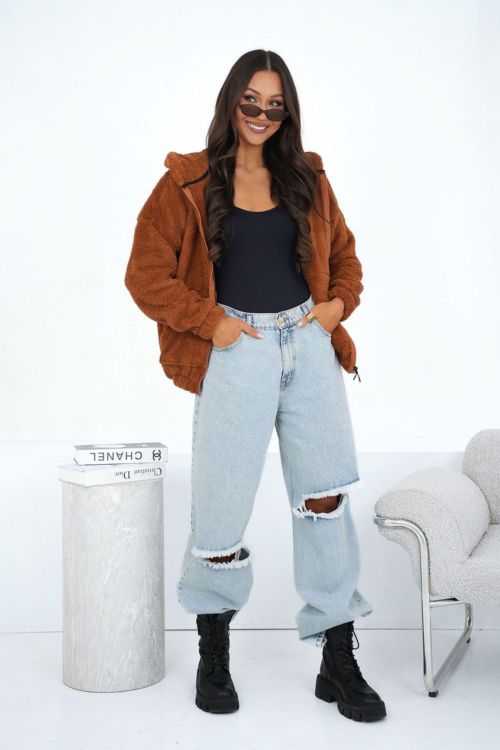 Women's hoodie brown teddy zip-up styled view