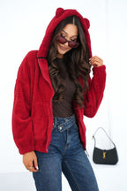 Women's hoodie red teddy fleece casual view