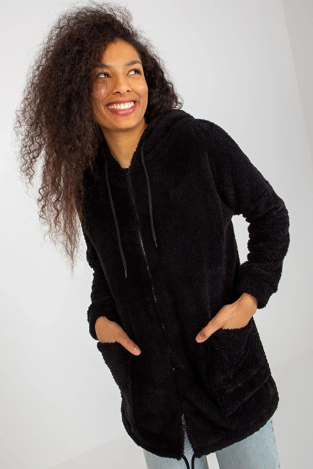 Women's hoodie Zip-Up Relaxed Fit Split Pockets Black – main view