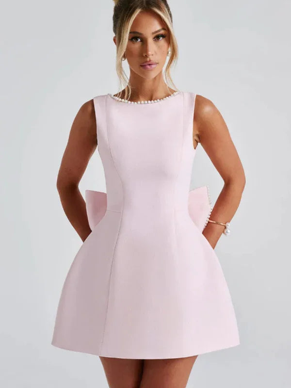 Women's Pearl Bow Fashion Slim Short Skirt Back Hot Girl A-Line Dress-Skirt-GUOCALI