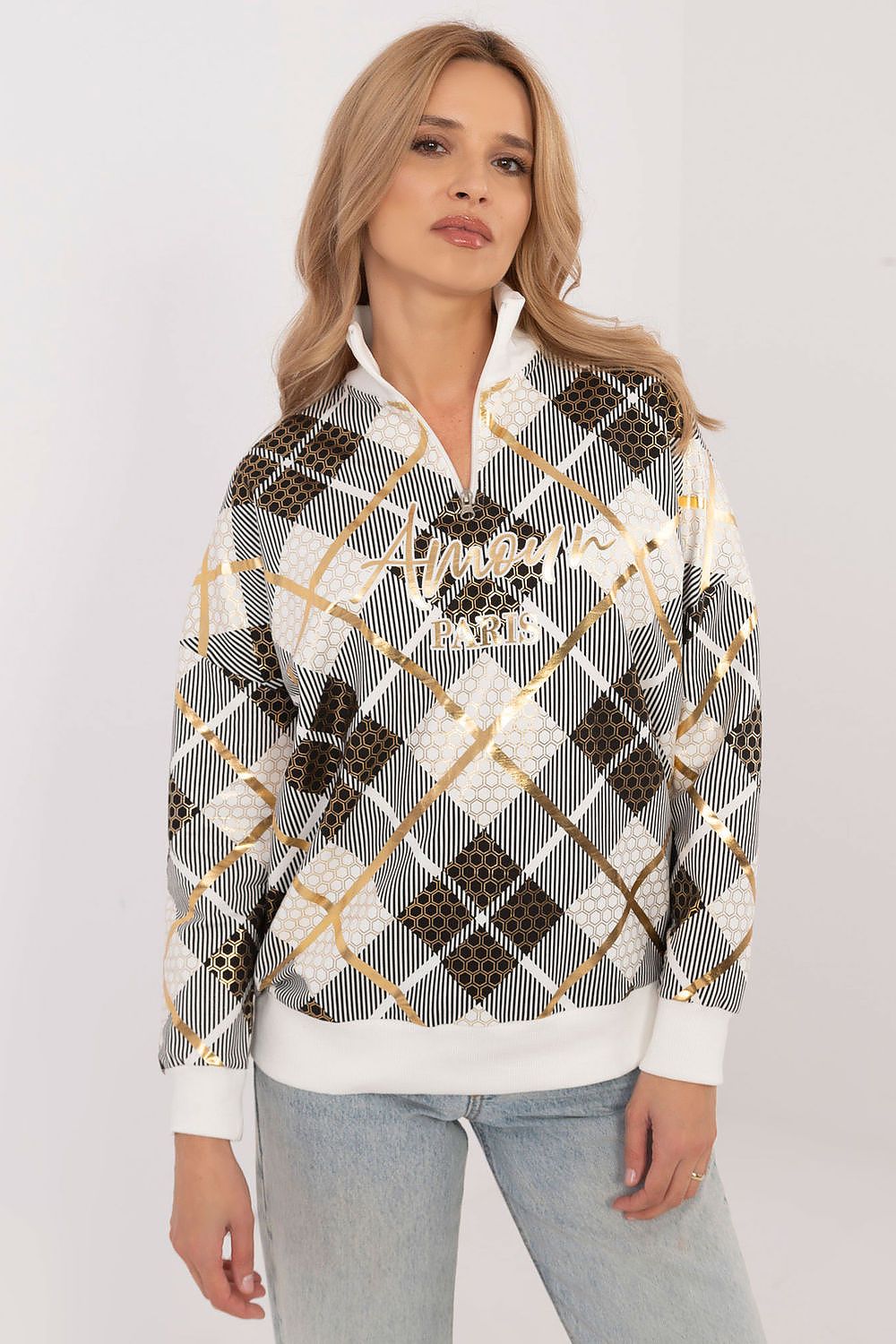 Women's Sweatshirt Argyle Quarter-Zip Mock Neck Cotton Blend – Sweatshirt | GUOCALI