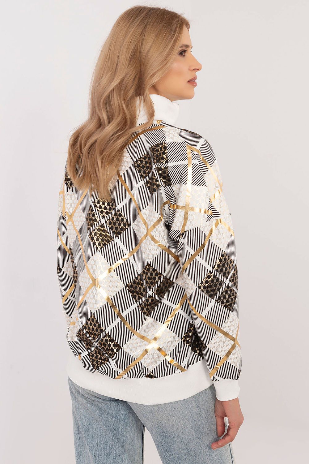 Women's Sweatshirt Argyle Quarter-Zip Mock Neck Cotton Blend – Sweatshirt | GUOCALI – view 3