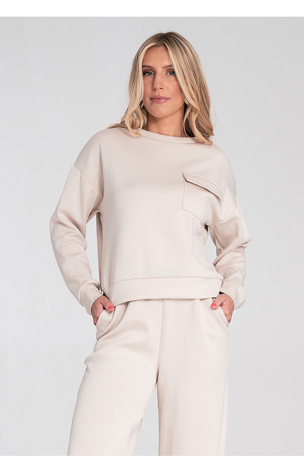 Women's sweatshirt beige chest flap pocket front view