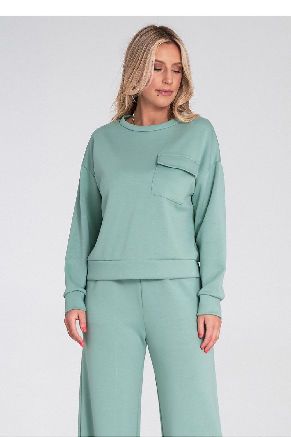 Women's sweatshirt green chest flap pocket front view