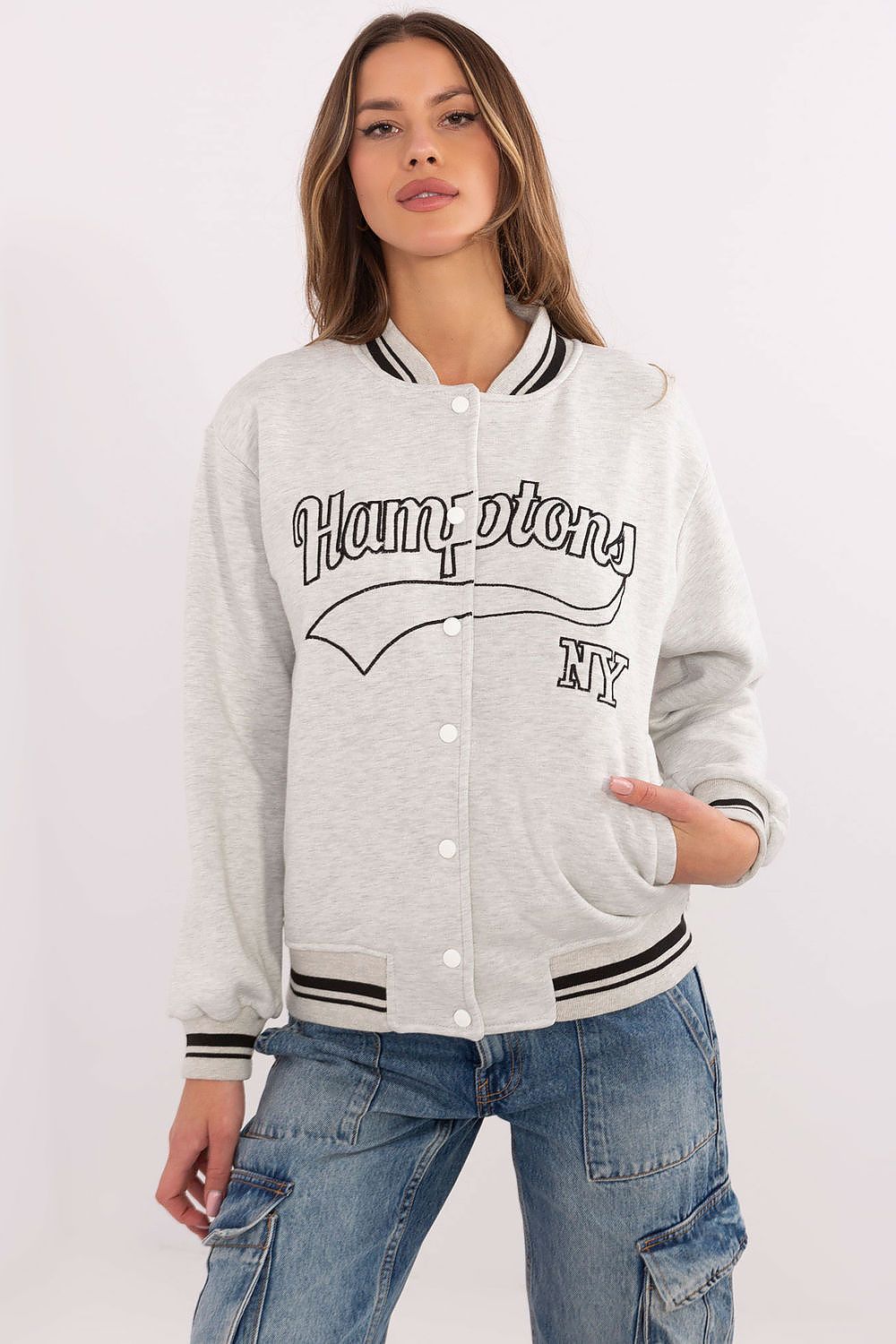 Women's sweatshirt grey collarless button front view