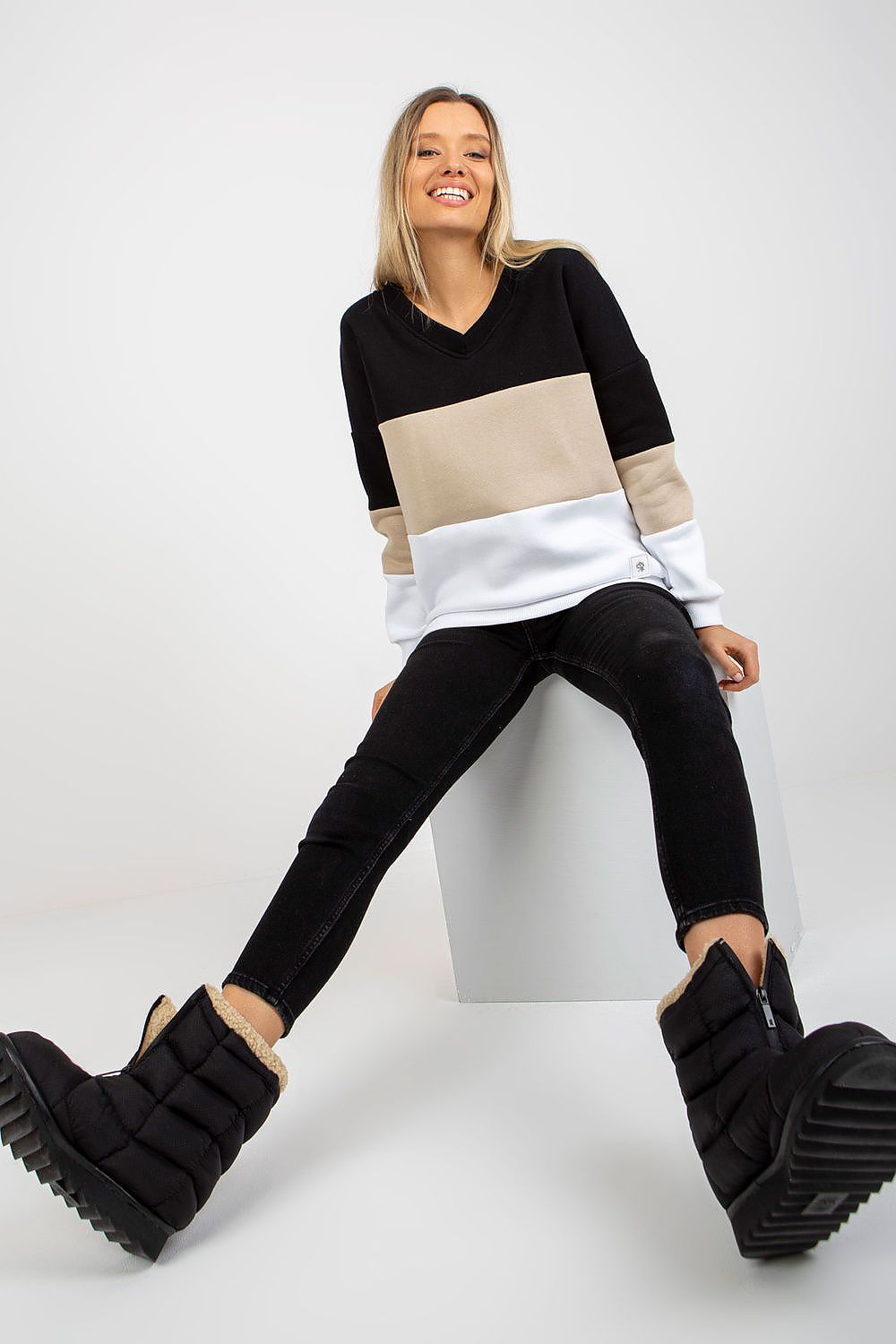 Women's Sweatshirt Color Block V-Neck Cotton Blend – Sweatshirt | GUOCALI