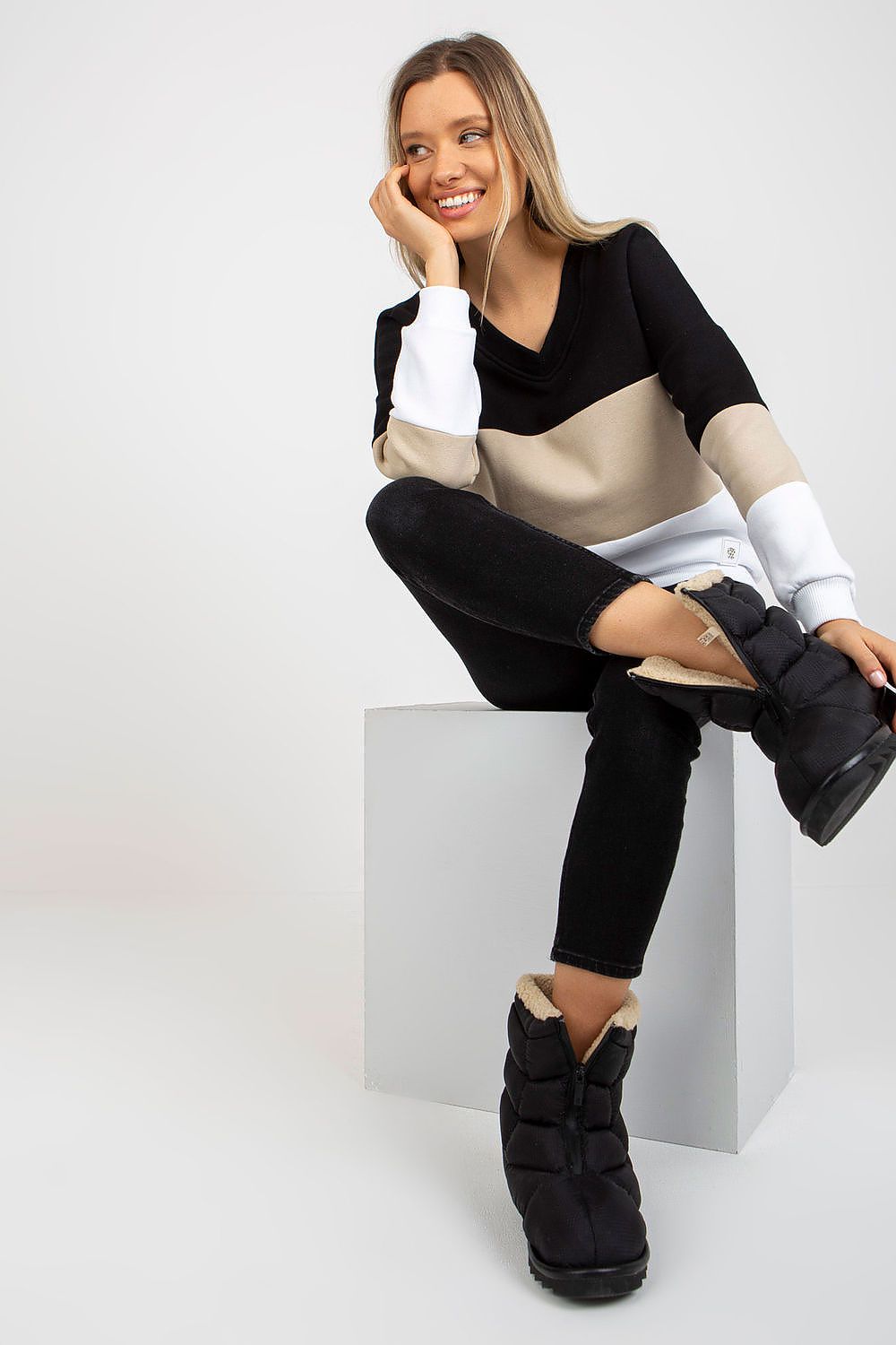 Women's Sweatshirt Color Block V-Neck Cotton Blend – Sweatshirt | GUOCALI – view 2